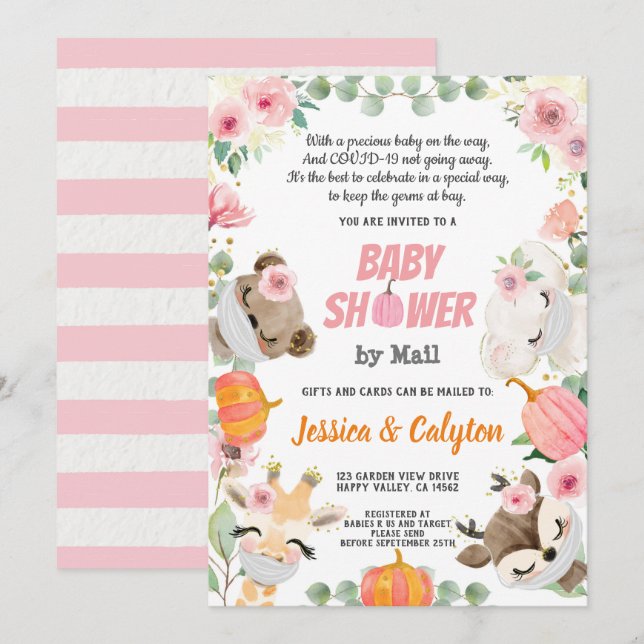 Invitation Citrouille Baby Girl Douche Par Mail Woodland Anim (Devant / Derrière)