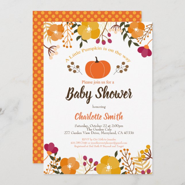 Invitation Citrouille baby shower automne automne  (Devant / Derrière)