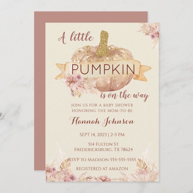 Invitation Citrouille Baby shower Automne Boho Floral Baby Gi (Devant / Derrière)