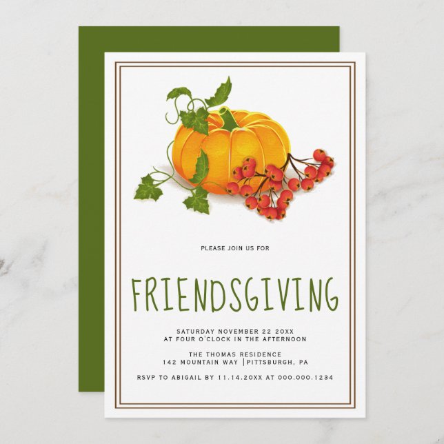 Invitation Citrouille, baies et cadre marron Friendsgiving (Devant / Derrière)