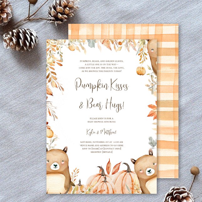 Invitation Citrouille Baisers et Ours Hugs Baby shower Invita (Pumpkin Kisses & Bear Hugs! Celebrate the parents-to-be with this cozy fall woodland baby shower)