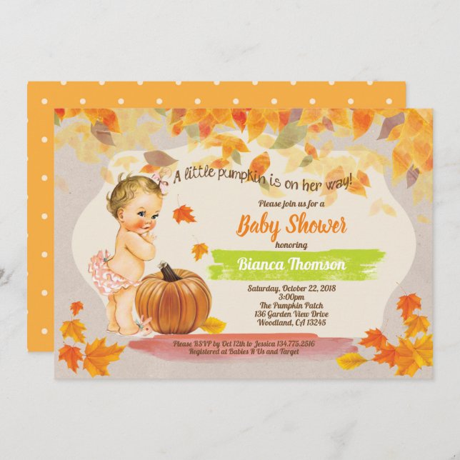 Invitation Citrouille bébé fille douche rustique vintage chut (Devant / Derrière)