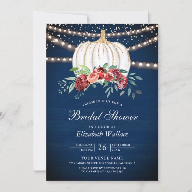 Invitation Citrouille blanc Bourgogne Floral Navy Fête des ma (Devant)