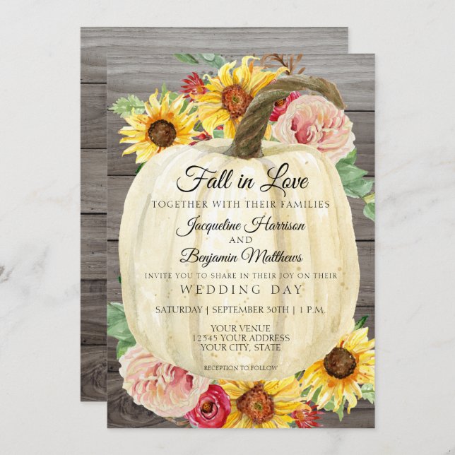 Invitation Citrouille blanc de la florale de tournesol d'aqua (Devant / Derrière)