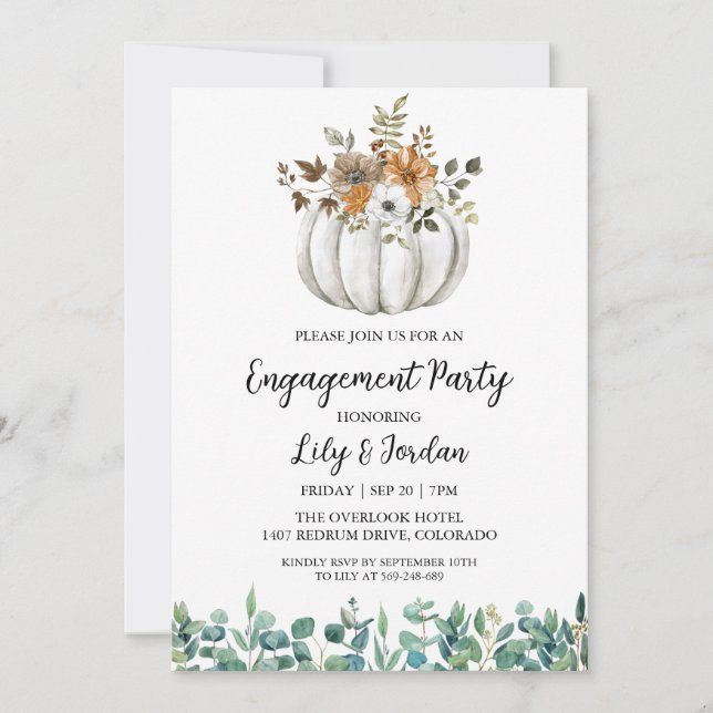 Invitation Citrouille blanc et Green Fall Engagement Party (Devant)