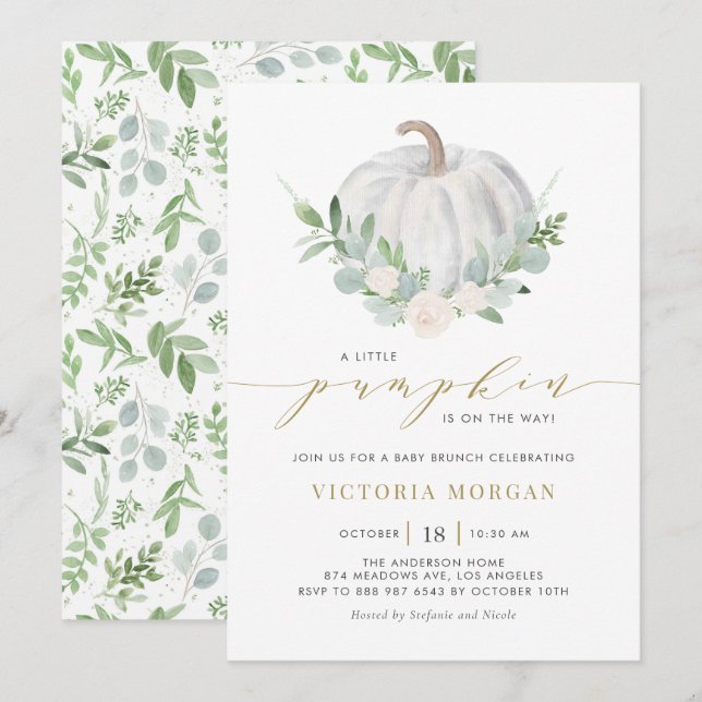 Invitation Citrouille blanc et verdure Automne Bébé Brunch (Devant / Derrière)