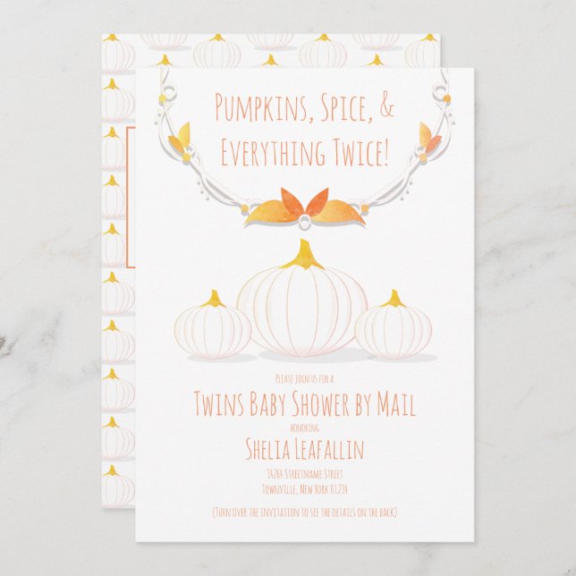 Invitation Citrouille Blanc Jumeaux d'automne Baby shower par (Devant / Derrière)