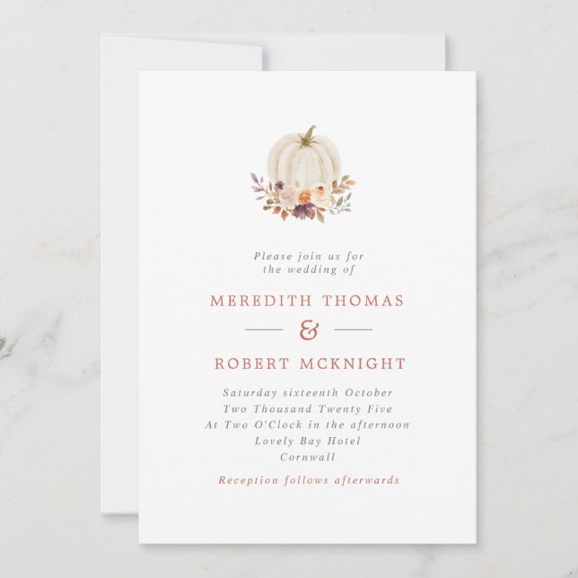 Invitation Citrouille blanc violet et Mariage floral en terre (Devant)