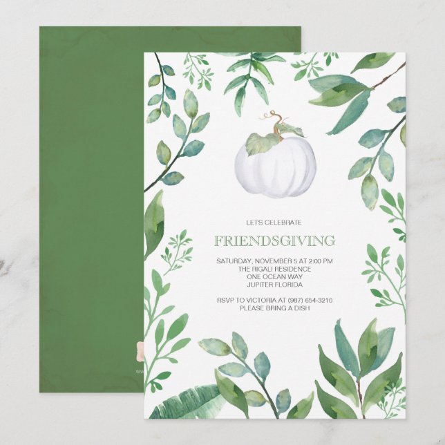 Invitation Citrouille blanche botanique verdure Friendsgiving (Devant / Derrière)