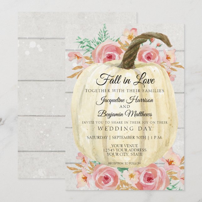 Invitation Citrouille blanche florale rose rustique en bois d (Devant / Derrière)