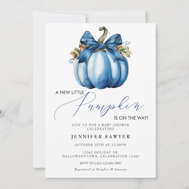 Invitation Citrouille bleu | Baby shower d'automne (Devant)