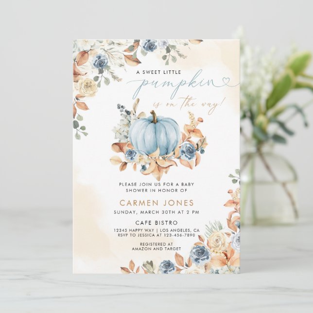 Invitation Citrouille bleu Baby shower d'automne genre neutre (Debout devant)