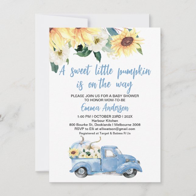 Invitation Citrouille bleu Baby shower Sunflowers (Devant)