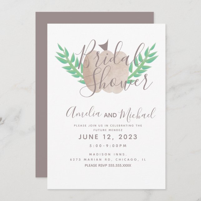 Invitation Citrouille bleu Brown Fête des mariées verte beige (Devant / Derrière)