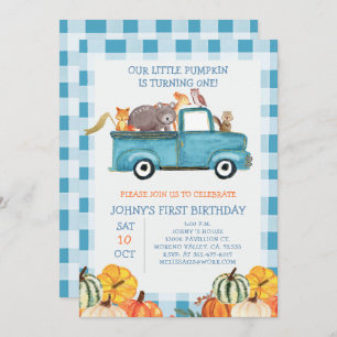 Invitation Citrouille Bleu Camion Animaux 1er anniversaire