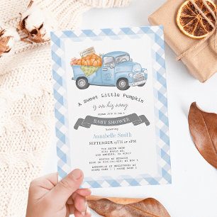 Invitation Citrouille bleu Camion En vichy Baby shower garçon