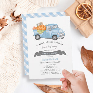 Invitation Citrouille bleu Camion En vichy Baby shower garçon
