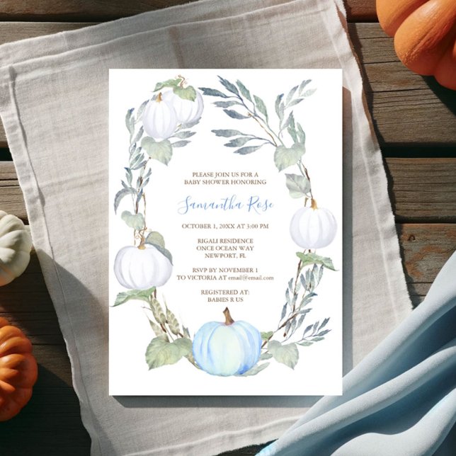 Invitation Citrouille bleu et blanc Baby shower vert Invitati (Pumpkin baby shower blue and white boy fall  watercolor )