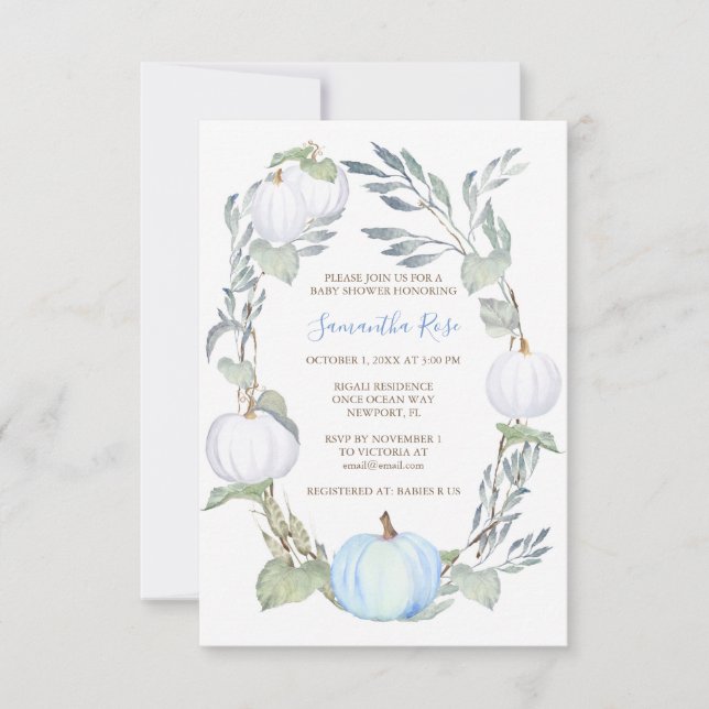 Invitation Citrouille bleu et blanc Baby shower vert Invitati (Devant)