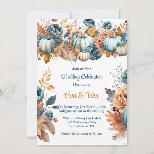 Invitation Citrouille bleu et orange Peony Mariage (Devant)