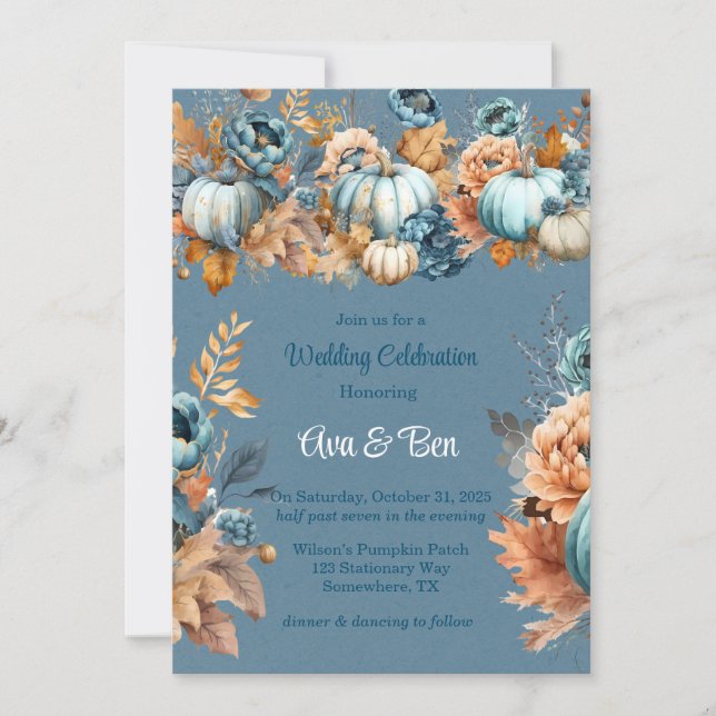 Invitation Citrouille bleu et orange Peony Mariage (Devant)