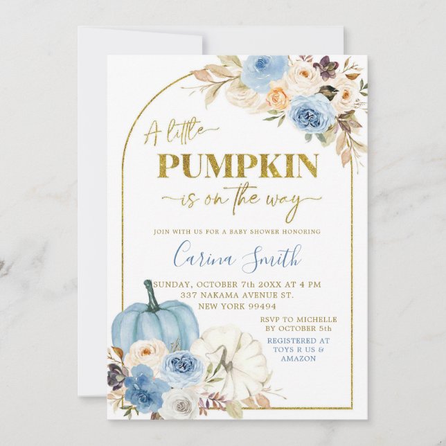 Invitation Citrouille bleu Floral Automne Baby shower Invitat (Devant)