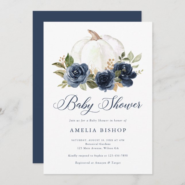Invitation Citrouille bleu Floral  Baby shower feuille or (Devant / Derrière)