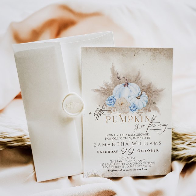 Invitation Citrouille bleu Watercolor boho bébé garçon douche (Créateur téléchargé)