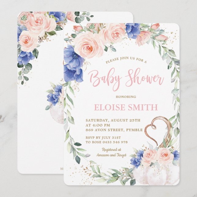Invitation Citrouille Blush Blue Floral Wreath Baby shower fi (Devant / Derrière)
