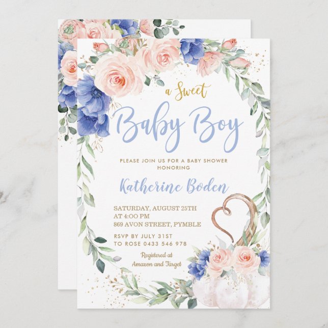 Invitation Citrouille Blush Blue Floral Wreath Baby shower ga (Devant / Derrière)