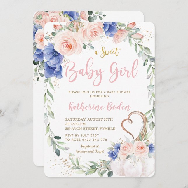 Invitation Citrouille Blush Blue Floral Wreath Girl Baby show (Devant / Derrière)