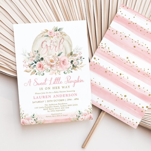 Invitation Citrouille Blush Rose Gold Floral Girl Baby shower (Créateur téléchargé)