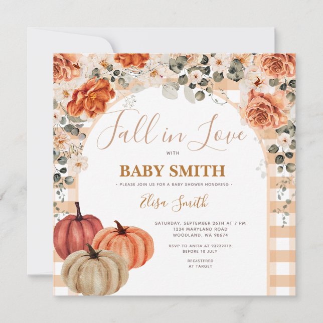 Invitation Citrouille Boho En vichy Chute d'amour Baby shower (Devant)