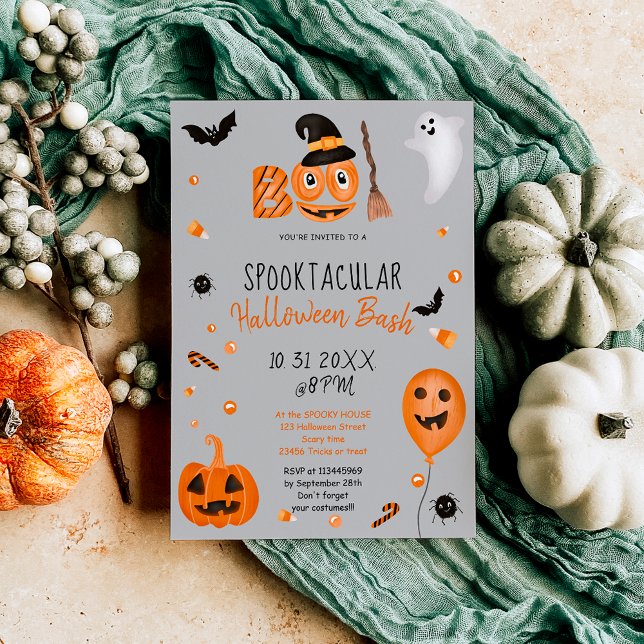 Invitation Citrouille Boo Halloween bash gris (Cute pumpkin Boo Halloween bash gray Invitation)