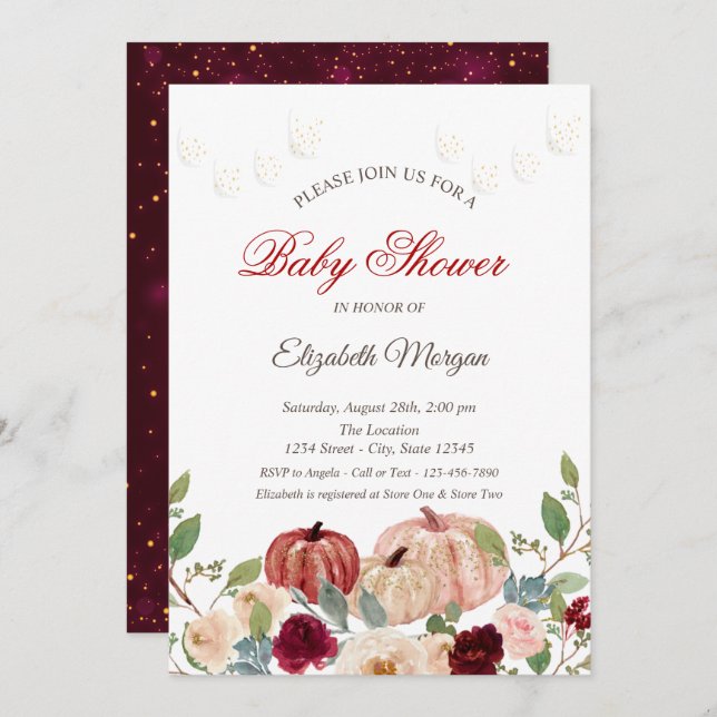 Invitation Citrouille Bourgogne, Lumières, Baby shower Floral (Devant / Derrière)