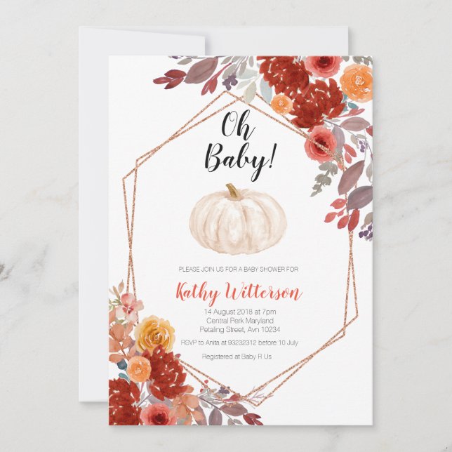 Invitation Citrouille Bourgogne Marsala Floral oh baby shower (Devant)