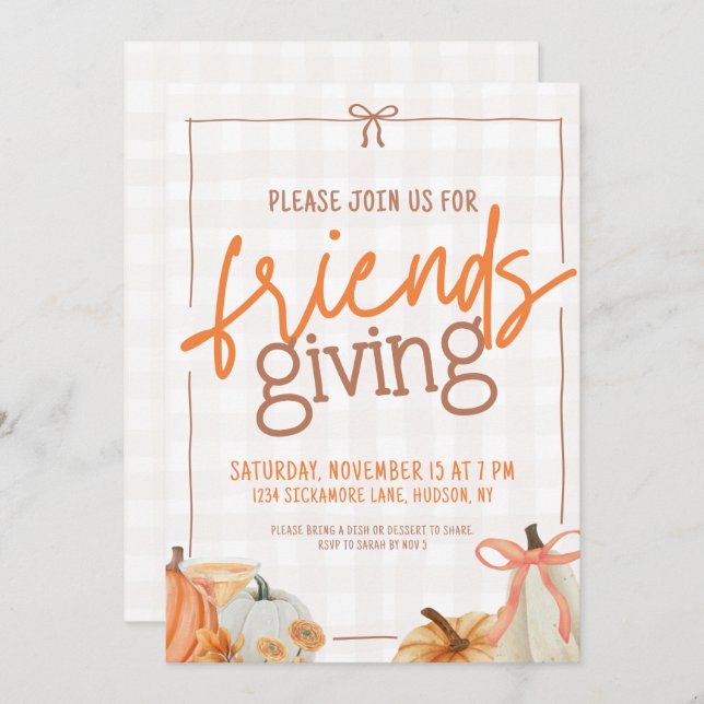 Invitation Citrouille branché Bow Plaid Friendsgiving Invitat (Devant / Derrière)