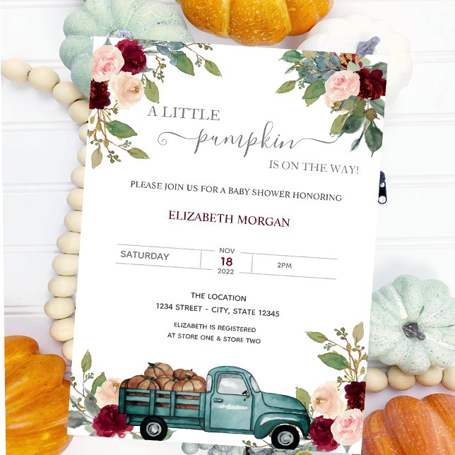 Invitation Citrouille Camion Bourgogne Baby shower Rose (Créateur téléchargé)