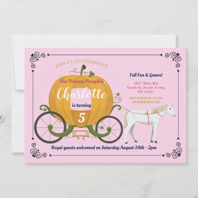 Invitation Citrouille Carriage Horse Fall Girls Birthday Part (Devant)