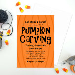 Invitation Citrouille Carving Orange et Black Halloween Party<br><div class="desc">Des invitations élégantes à manger,  boire et carve donnent le ton pour une fête de sculpture citrouille amusante ! Invitation comporte un arrière - plan citrouille orange avec titre sculpté noir et texte personnalisé. L'arrière de la carte est muni d'un motif de citrouilles de lanternes jack o'.</div>