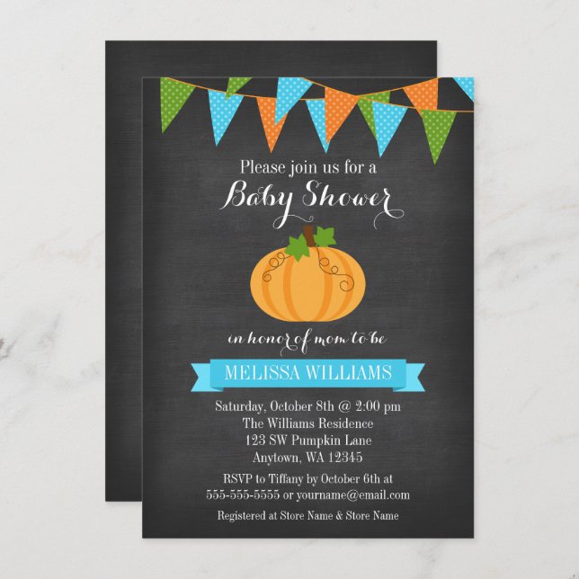 Invitation Citrouille Chalkboard Buny Boy Baby shower d'autom (Devant / Derrière)