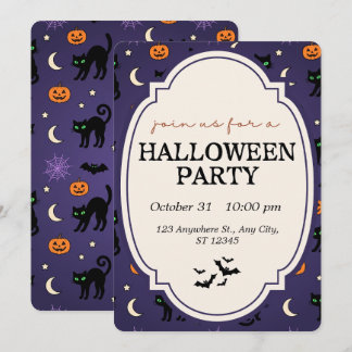 Invitation Citrouille Chat Noir Fête Violet Halloween