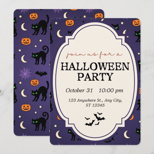Invitation Citrouille Chat Noir Fête Violet Halloween  (Devant / Derrière)