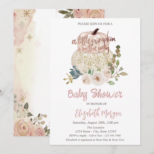 Invitation Citrouille Chic Élégant, Fleurs Baby Shower (Devant / Derrière)