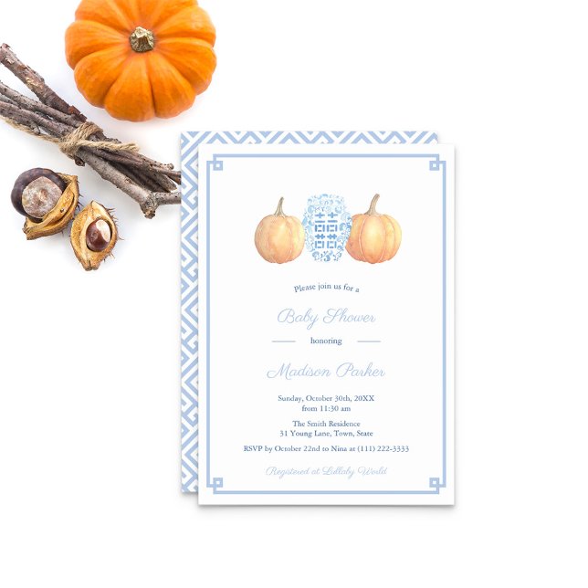 Invitation Citrouille classique Ginger Jar Fall Boy Baby show (Light Blue Greek Key And Ginger Jar With Orange Pumpkins Baby Shower Party Invitation)