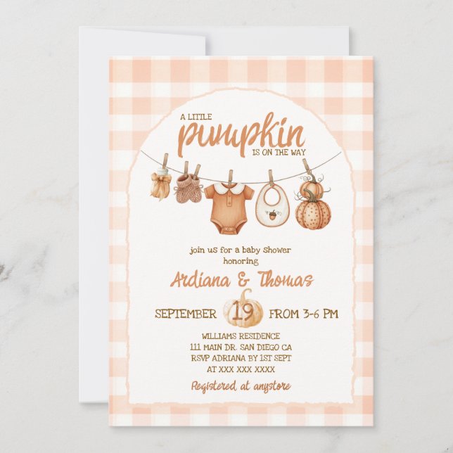 Invitation Citrouille Clothesline Baby shower rustique (Devant)