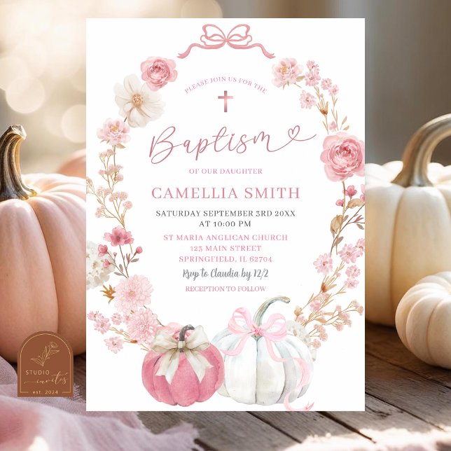Invitation Citrouille Coquette à ruban blanc et rose Baptême (Créateur téléchargé)
