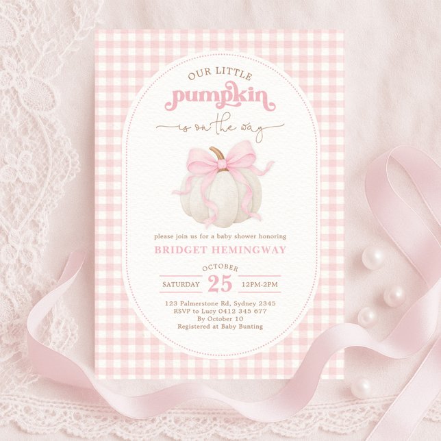 Invitation Citrouille Coquette Bow rose En vichy Baby shower  (Créateur téléchargé)