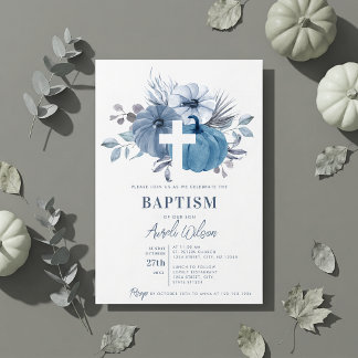 Invitation Citrouille Croix Baptême Garçon Poussiéreux Bleu