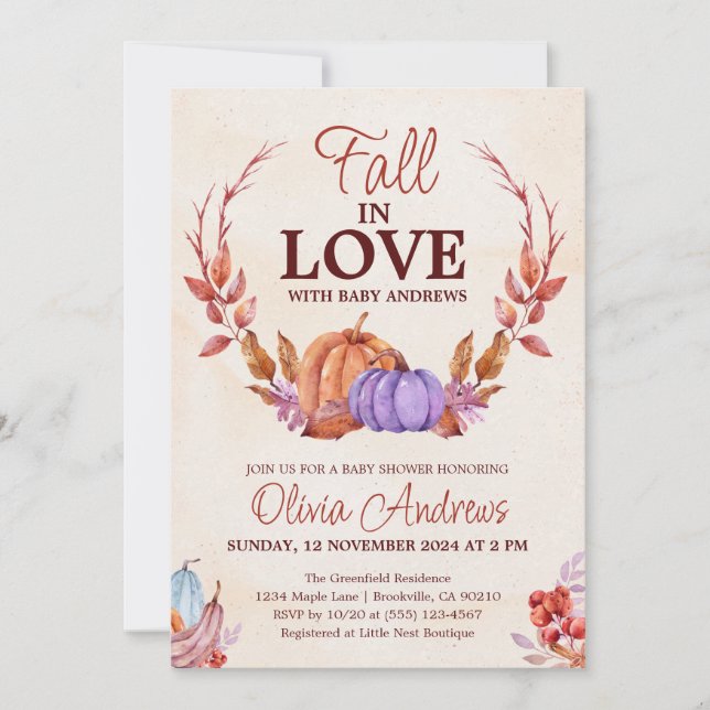 Invitation Citrouille d'aquarelle Floral Chute en Baby shower (Devant)